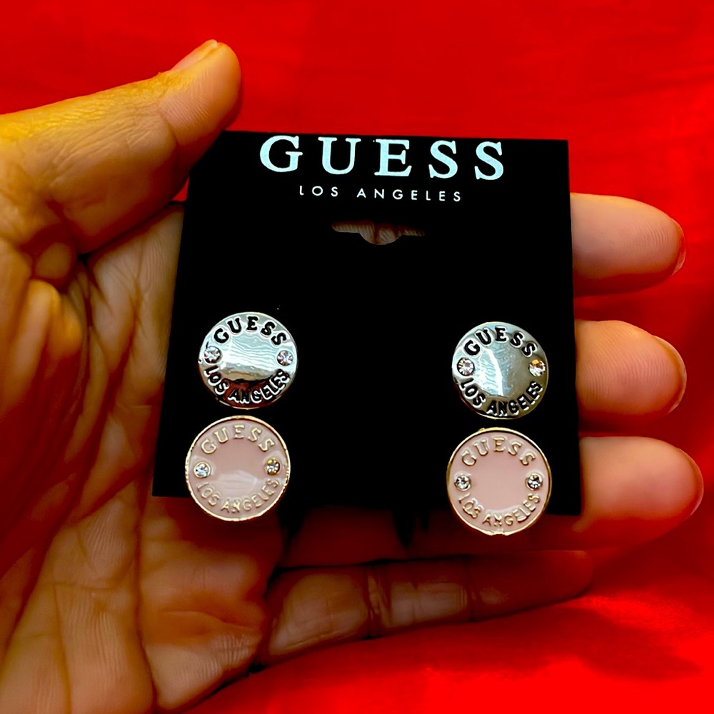 2 pair of Guess Vintage Silver and soft pink Signature Stud Earrings